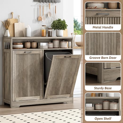 Pet-Proof Double 13 Gallon Tilt Out Trash Can Cabinet with Open Storage – Hide Garbage & Recycling Bins to Keep Your Kitchen Clean and Organized,Wood Grey