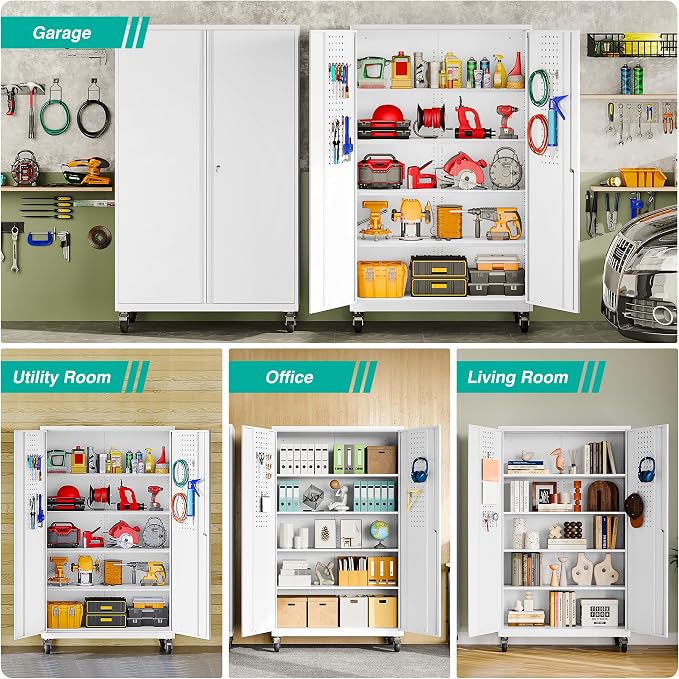 Wide & Deep Metal Storage Cabinet with Wheels,Tall Rolling Garage Storage Cabinet with Lock,White Metal Cabinets with Pegboards and Shelves,Tool Locker for Garage,Home,Office,43''Wx 20''Dx71"H