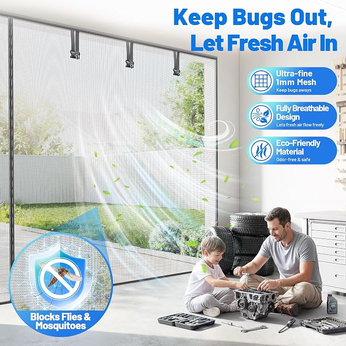 Garage Door Screen for 2 Car - Heavy Duty Magnetic Garage Screen Door Mesh | Fiberglass Garage Net Sceen with 6 Roll Up Straps, Patio Screen Keeps Bugs & Mosquitos Out Fits Garages Doors Size 8x7 Ft