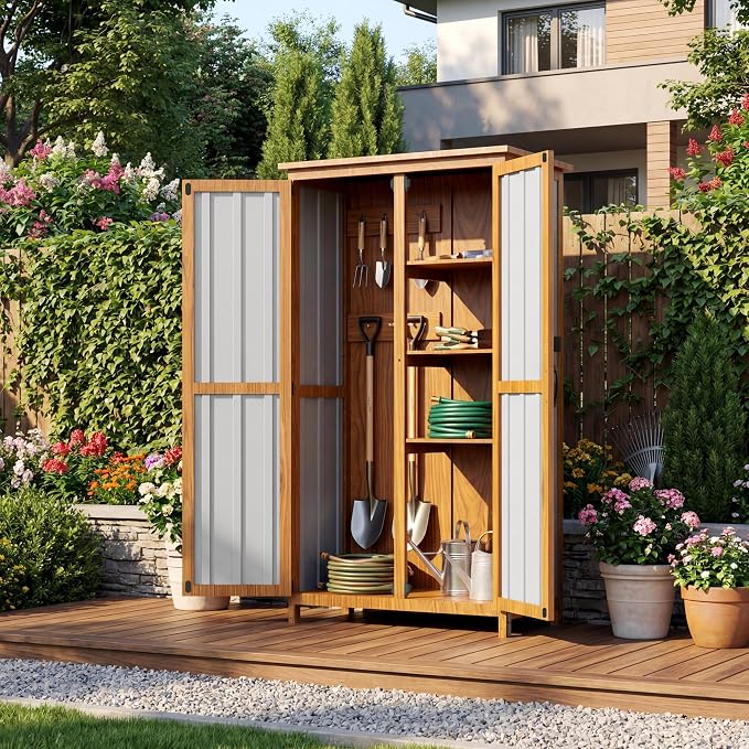 Devoko Metal & Wood Weatherproof Garden Storage Tall Shed with 3 Adjustable Shelves, Lockable Outdoor Patio Cabinet, Waterproof Yard Organizer for Lawn Gear and Garden Tools, Black