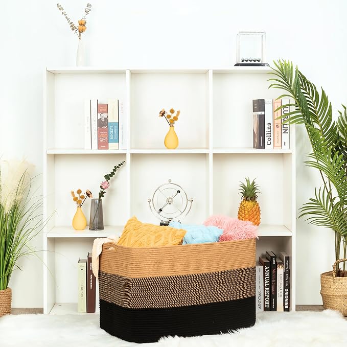 112L Extra Large Blanket Basket Holder Living Room, 25"x17"x16" Rectangle Rope Woven Storage Basket with Handles for Laundry, Pool Towels, Shoes, Dog Toy Organizer Bin Box, Black Jute