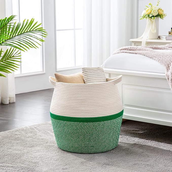 KAKAMAY Woven Baskets for Storage(17"x17"),Large Cotton Rope Woven Baby Laundry Hamper,Collapsible Laundry Basket, Blanket Basket for Organizing Living Room,Nursery,Pillows,Toy Chest(Green)