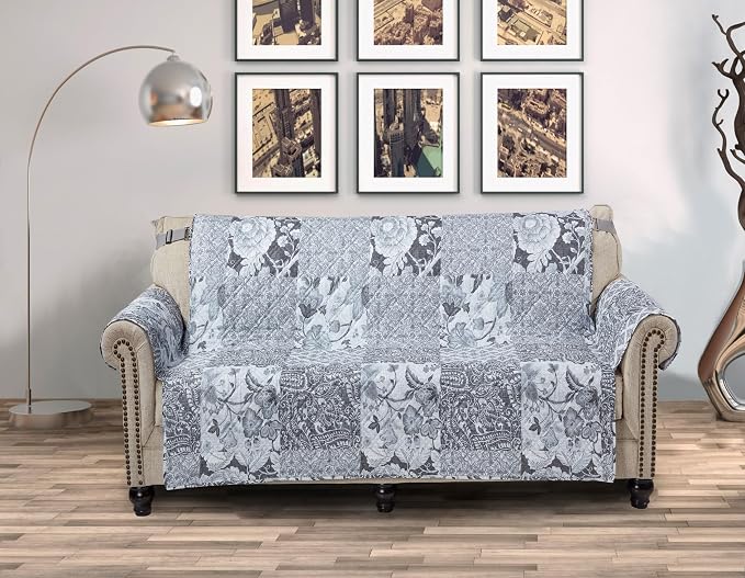 Brilliant Sunshine Multi Grey Flowers Patchwork Loveseat Cover, 54" seat | Quilted Sofa Cover, Living Room & Bedroom Furniture Protector, Large Washable Love Seat Slipcover for Pets, Dogs & Cats