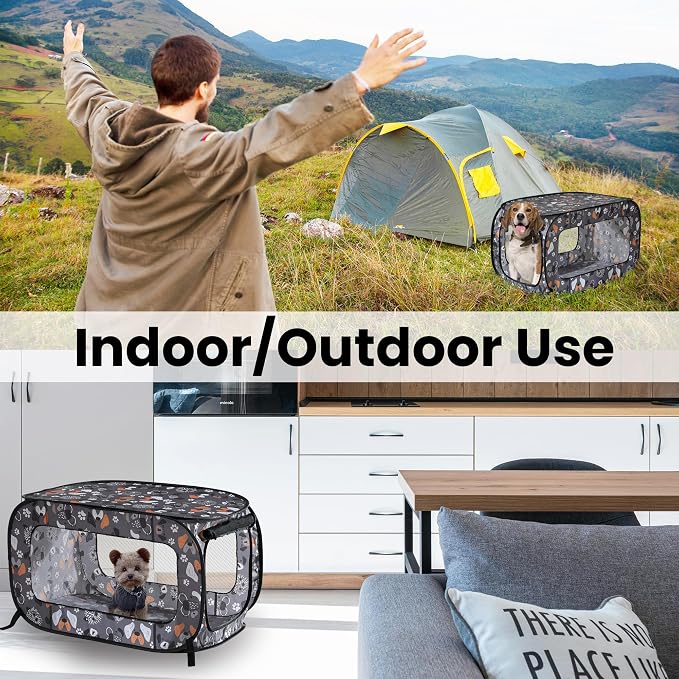 Portable Collapsible Pop Up Kennel, 24" L x 16.6" W x 16" H, Face of Love | Collapsible indoor/outdoor travel cat and dog crate with mesh screen windows pops up and folds flat for easy storage
