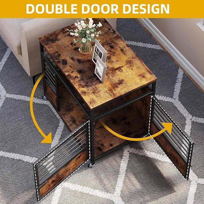 DWVO 32 Inch Dog Crate Furniture Corner End Table with Wheels | Dog Kennel Indoor Furniture for Small Dogs, Modern Decorative Wooden Dogs Cage, Chew-Resistant, Rustic Brown