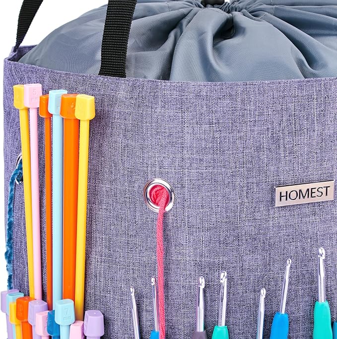 HOMEST Crochet Bag Organizer for Yarn Storage, and Knitting Accessories | Customized front compartment, 6 oversized grommets and drawstring closure for hooks, needles and projects, Purple