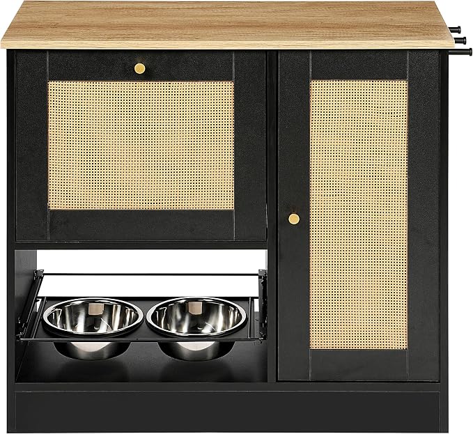 Pet Feeding Station with Elevated Bowls, Pull Out Drawer, Rattan Doors, Storage Lockers, Side Hooks, Anti Tipping Kit, Hidden Food Water Organizer for Dogs Cats Home Supply Furniture