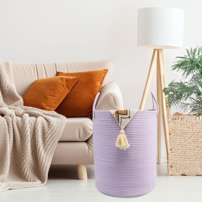 Woven Cotton Rope Laundry Basket, 15" x 20" Laundry Hamper, Purple | Rope storage basket for dirty clothes, toys and blankets. Perfect for bathroom, baby nursery and living room storage.