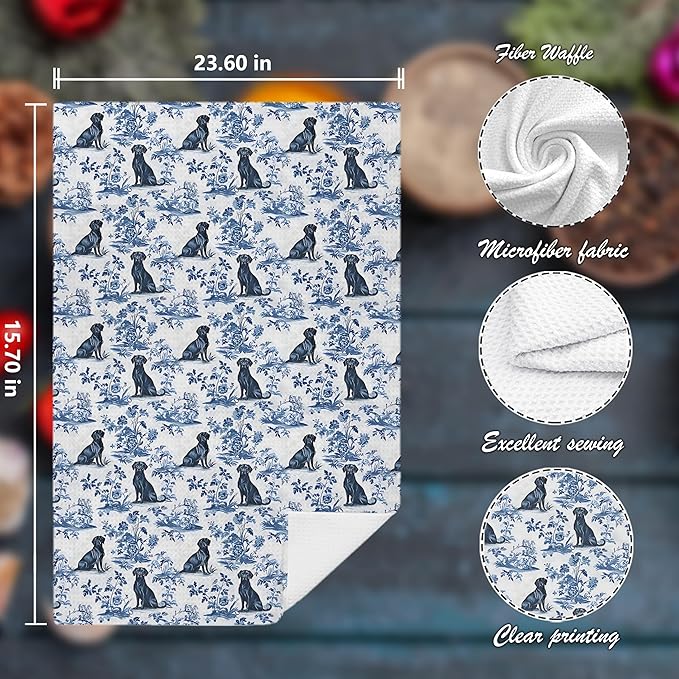 Chinoiserie Labrador Retriever Kitchen Towels Set of 2, Blue and White Botanical Grandmillennial Dog Decorative Dish Tea Towels, Labrador Retriever Gifts for Kitchen Bathroom Decor, 16x24 Inch