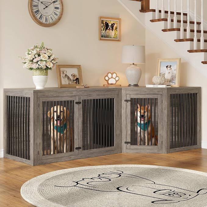 AMERLIFE Corner Dog Crate Furniture for Medium/Large Dogs Space-Saving | 3-in-1 Dog Kennel with Storage and Divider, Heavy Duty Large Cage, Grey