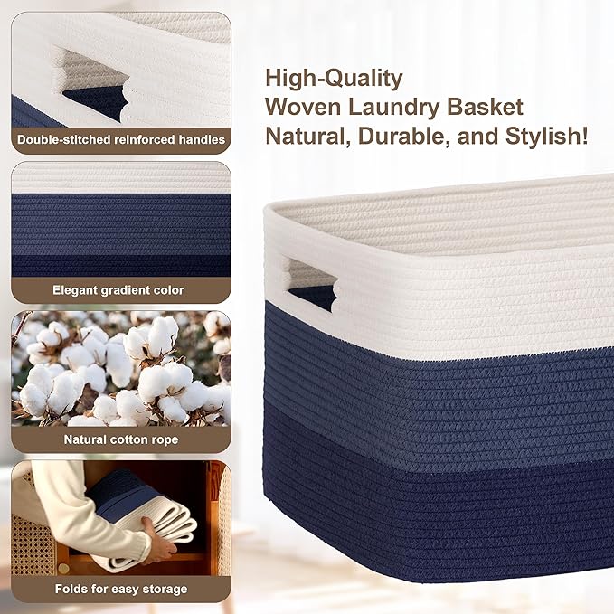 45L Small Woven Laundry Basket Hamper with Handles, Gradient Blue | collapsible wicker hamper, storage for dirty clothes, toys, blankets, gifts, living room, bedroom, bathroom, 18"x14"x11"