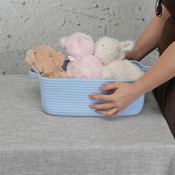 XUANGUO Medium Woven Cotton Rope Storage Basket with Handles, Blue | Small decorative rectangle storage bin for baby nursery items and cat toys; ideal as an empty gift basket or dog toy basket