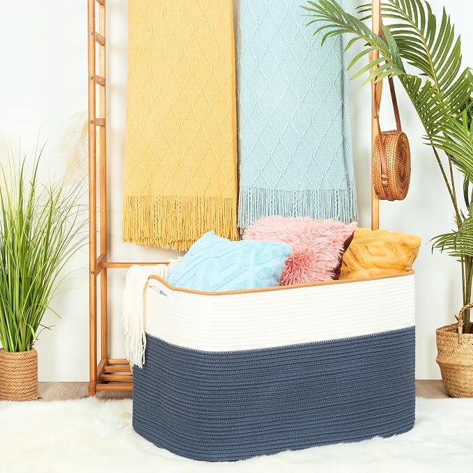 112L Extra Large Blanket Basket Holder Living Room, 25"x17"x16" Rectangle Rope Woven Storage Basket with Handles for Laundry, Towels, Shoes, Dog Toy Organizer Bin Box, Prussian Blue