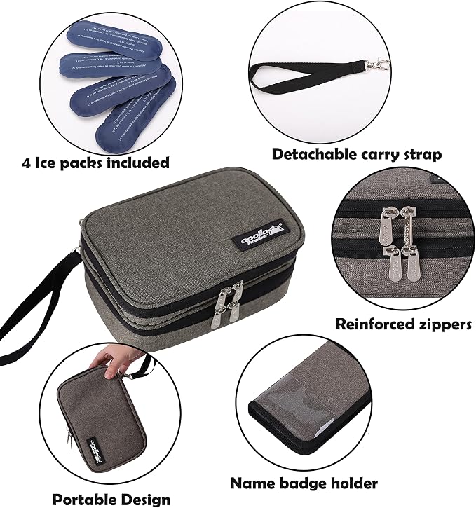 apollo walker Insulin Cooler Travel Case with Ice Packs and Insulation | TSA Approved Includes 2 x 90g ice packs for 9-hour cooling insulin pens & syringes for Diabetics to Carry (Gray)