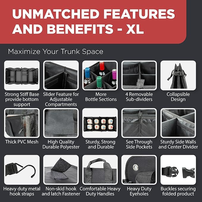 Car Trunk Organizer for SUV, Truck & Auto Cargo Storage, XL Black | Fits Cars, SUVs & Trucks 6 Adjustable Compartments Non-Slip Base & Securing Straps Foldable 11 Pockets Car Accessories