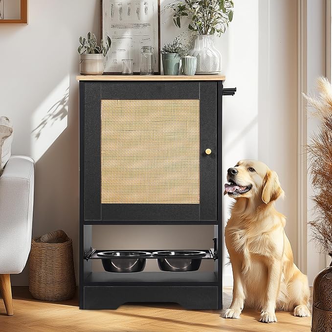 Dog Feeder Station Storage Cabinet, Pet Feeding Station with Storage, Dog Food Station Furniture with Feeding Bowls, Pull Out Elevated Dog Bowls, Pet Dog & Cat Food Storage Organizer