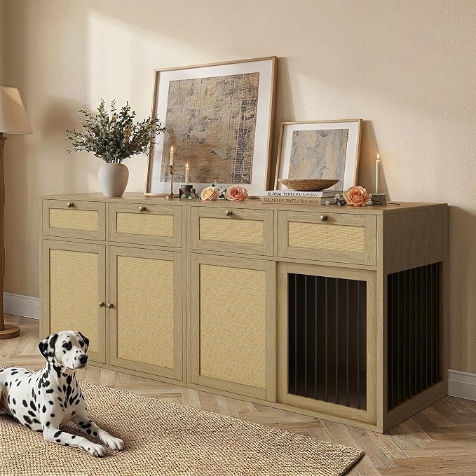 PureCozy 2-Piece Dog Crate Furniture, Right, 80 Inch, Light Oak | Right-unit kennel with metal sliding door plus cane storage cabinet and 4 total drawers; furniture-style indoor console.