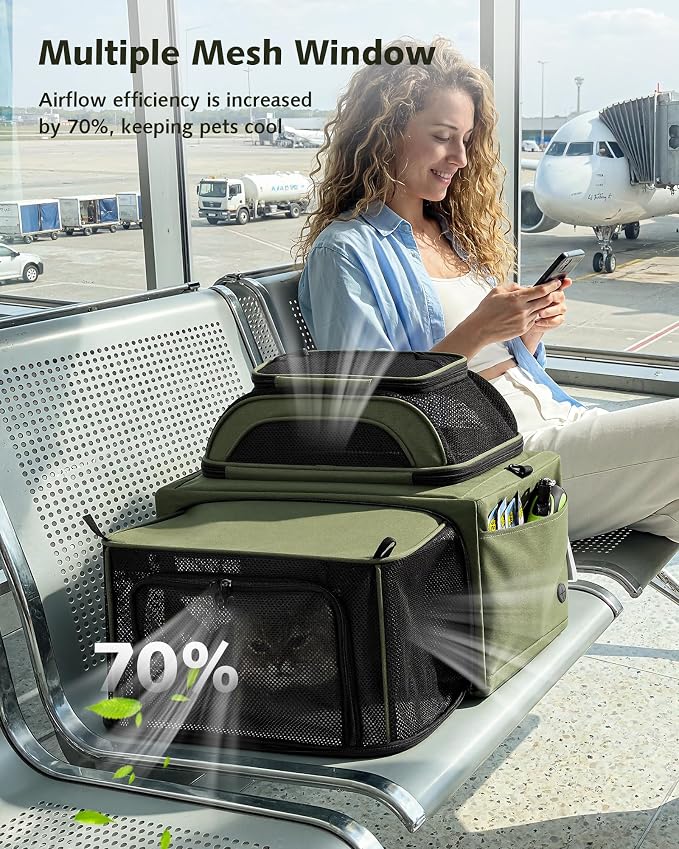 Pecute Top Expandable Airline Approved Pet Carrier for Cats, Olive Green | Airline Approved Dog Carrier, Under-seat, Breathable, Anti-scratch Mesh, Safety Leash, Locking Zippers, Leakproof Pee Pad