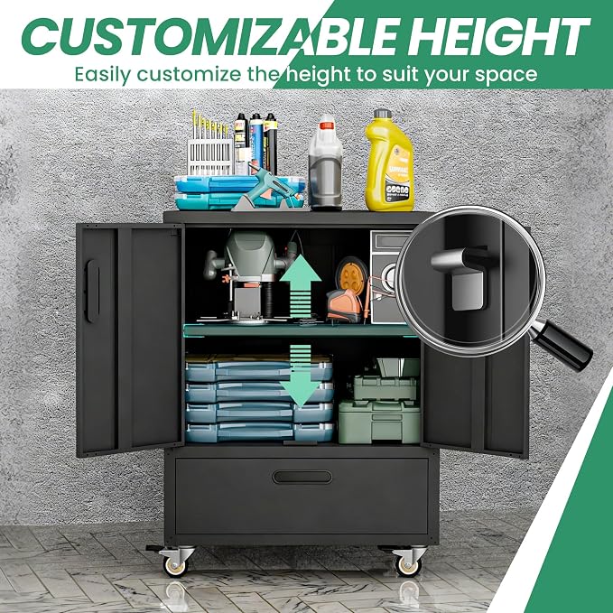 Garage Cabinets,Metal Garage Storage Cabinet with Wheels,Black Lockable Rolling Tool Cabinet with Drawer and Adjustable Shelves,Heavy Duty Tools Cabinet for Home Office Utility Room