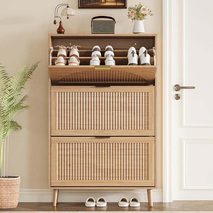 BORNOON Shoe Cabinet for Entryway with 3 Flip Drawers, Slim Wooden Shoe Storage Organizer with Modern Fluted Pannel，Freestanding Narrow Hidden Shoe Rack for Hallway, Foyer, Living Room