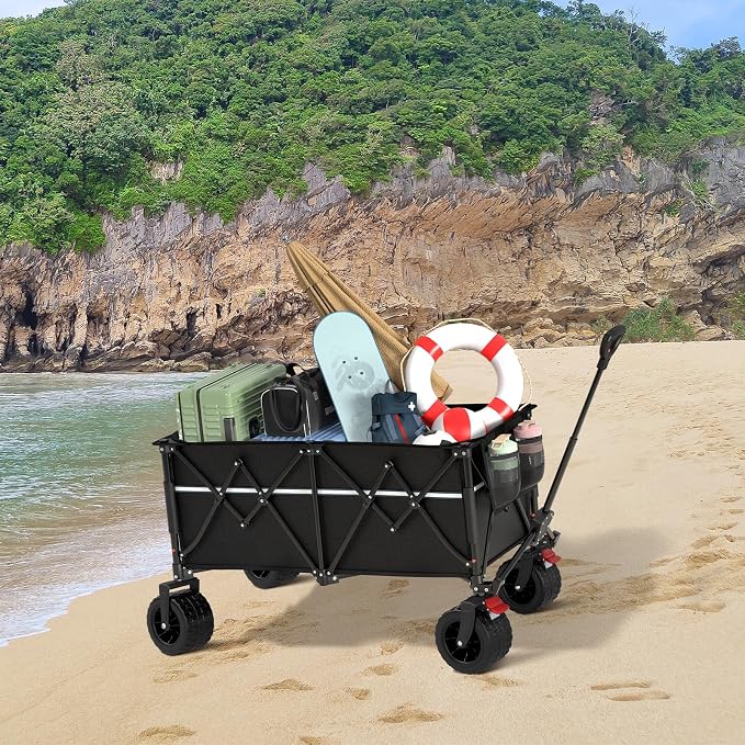 ROSONG Collapsible Wagon Cart with Wheels Foldable - Folding Utility Heavy Duty Wagons Carts for Grocery Sports Garden Shopping Camping Wheelbarrows (Black, 260L)