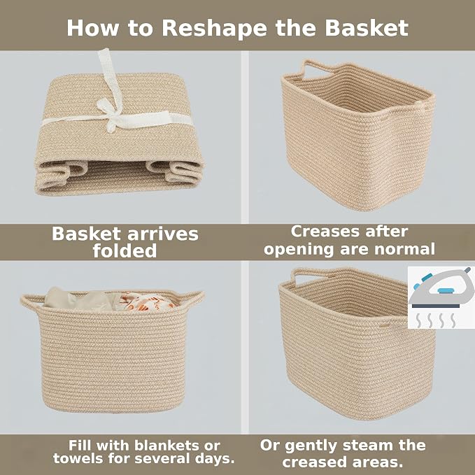 XUANGUO Woven Cotton Rope Storage Basket with Handles 13x10x9 inch Oatmeal | Woven cotton rope basket for shelves and closets. Perfect for toys, books, clothes, nursery storage and gift baskets