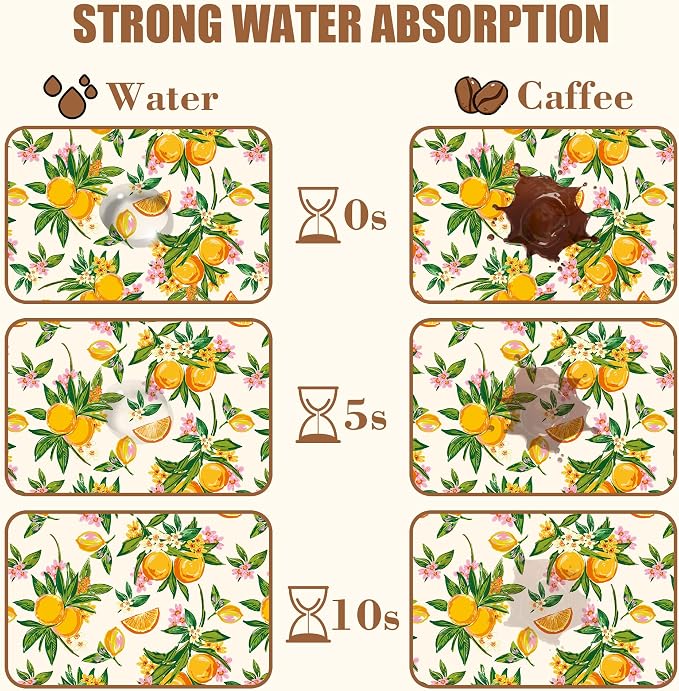 Dish Drying Mat Orange Fruit Floral Coffee Bar Mat for Countertop Absorbent Hide Stain Rubber Backed Dish Drainer Rack Pad Espresso Machine Dining Room Decoration 11.8 x 19.7 Inch