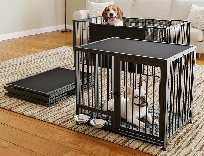 Heavy Duty Dog Crate for Small Dogs, 3 in 1 32.7" Foldable Collapsible Dog Kennel & Playpen with Lockable Wheels & Feeding Bowls, Escape-Proof Metal Dog Cage for Indoor Outdoor Use, Black