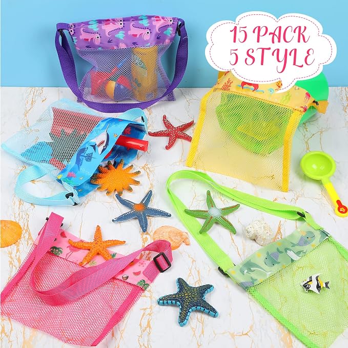 Frienda 15 Pack Mesh Beach Tote Bag | Seashell Bags, Bag Organizer Toys for Holding Beach Children' Toys Market Picnic
