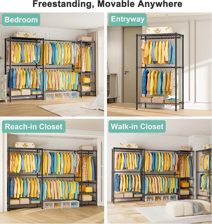 SEMHOR E01 Expandable Heavy Duty Clothes Rack, Free Standing Closet System | 72.5-96" Adjustable Portable Garment & Clothing Racks for Hanging Clothes Carbon Steel, 800LBS Max Load, Black