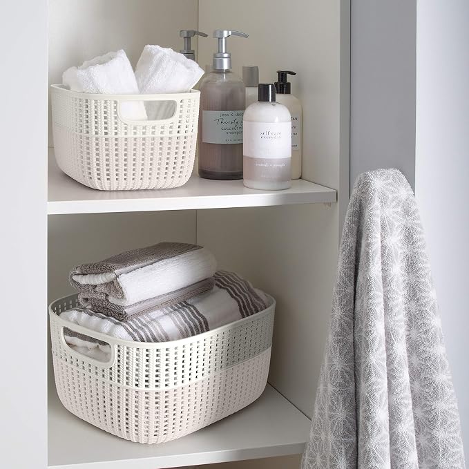 Simplify 4 Pack 2 Tone Sailor Knot Plastic Storage Tote | Decorative Basket | Closet Organization | De-clutter | Accessories | Toys | Bathroom Organization | Large | Ivory