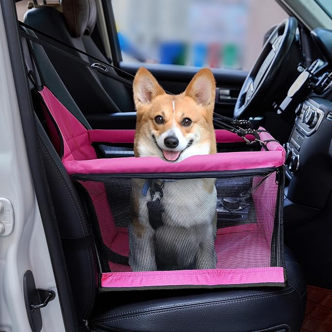 Dog Travel Car Seat Pet Car Booster with Clip-On Safety Leash,Reinforce Support Pipe Anti-Collapse,Portable Collapsible Travel Bags for Dogs Cats or Other Medium Pet Under 35lb, Pink M