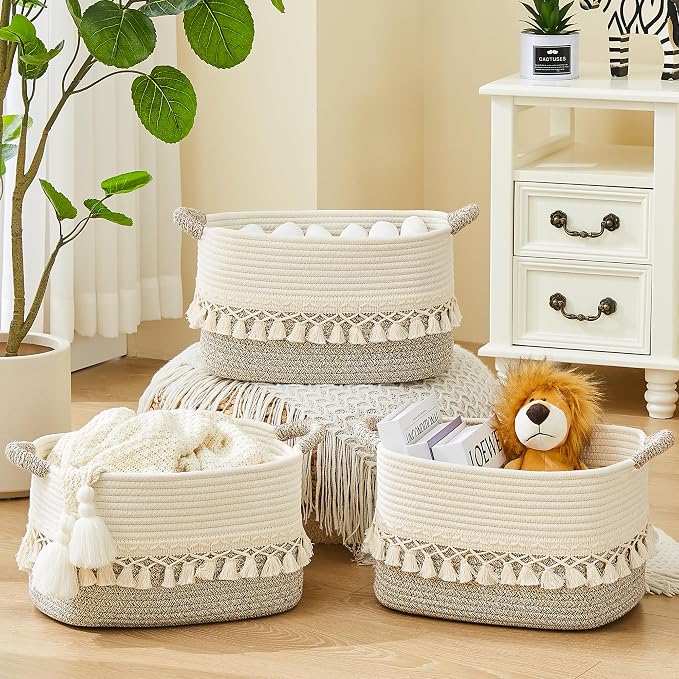 Storage Basket, Woven Baskets for Shelves, White/Beige | 3 Pack Boho Cotton Rope Storage Baskets, 14" x 9" x 8", Home Organizer for Nursery, Holds Toys, Books & Towels
