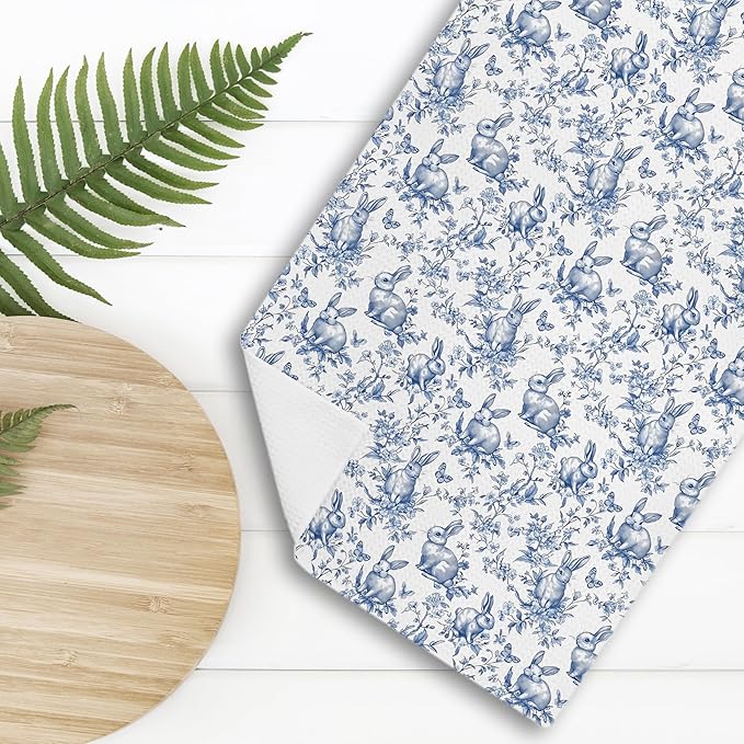 Chinoiserie Rabbit Kitchen Towels,Farm Rabbit Gift Decorative Hand Towels,Blue and White Grandmillennial Botanical Animal Print Floral Dish Tea Towels Decor for Kitchen Bathroom, 16x24 Inch