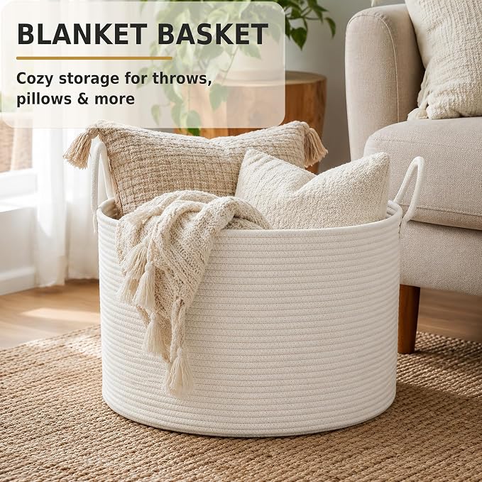 XUANGUO 66L Large Blanket Basket, Round Cotton Rope Basket, White | 20" x 13" Laundry Basket with Sturdy Handles for Blankets, Pillows and Toys; Storage for Living Room, Bedroom and Nursery