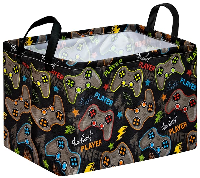 Gaming Controller Storage Basket,Foldable Storage Bin with Leather Handles | Foldable storage bin with coated lining for controllers, headsets, toys, game rooms and gamer gift baskets