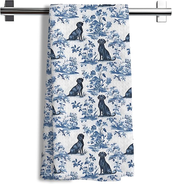 Chinoiserie Labrador Retriever Kitchen Towels, Blue and White Botanical Grandmillennial Dog Decorative Dish Tea Towels, Labrador Retriever Gifts for Kitchen Bathroom Decor, 16x24 Inch