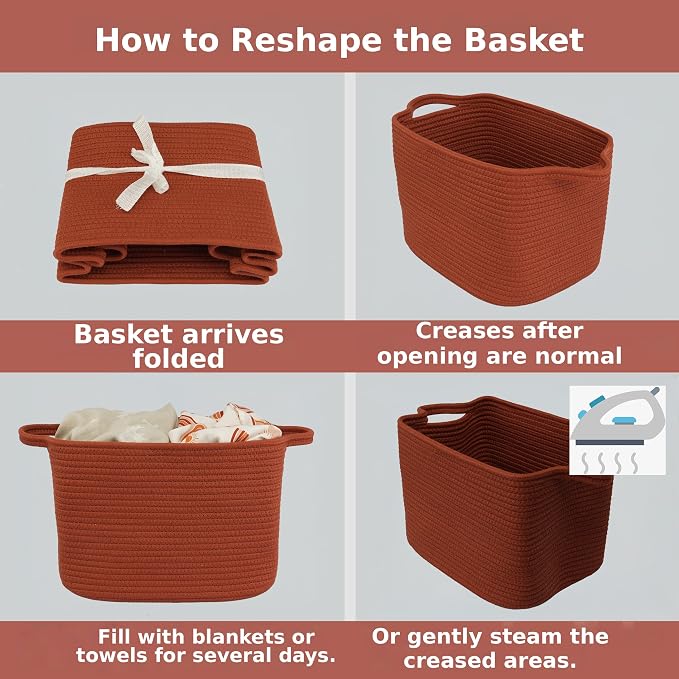 XUANGUO Woven Cotton Rope Storage Basket with Handles 13x10x9 inch Rustic | Woven cotton rope basket for shelves and closets. Perfect for toys, books, clothes, nursery storage and gift baskets.