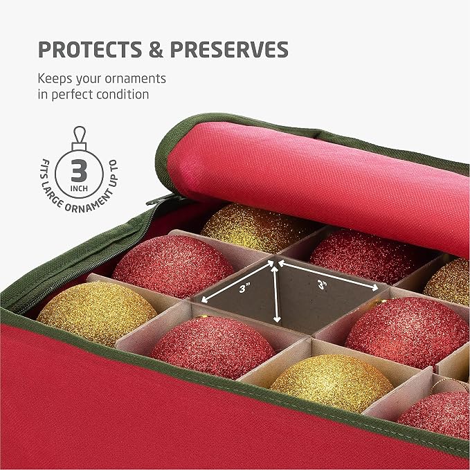 ZOBER Christmas Ornament Storage Box - Stores 64 3" Ornaments, With Dividers - Ornament Organizer Storage Box, Durable Christmas Containers Holder, Dual Zipper - Red
