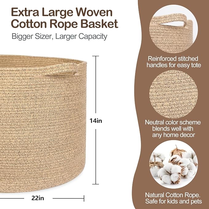 Extra Large Storage Basket, 22”x14” Woven Cotton Rope Basket, Big Kids Dog Floor Toy Bin, XXL Blanket Pillow Holder for Living Room Bedroom, Brown Variegated Round Baskets for Organizing