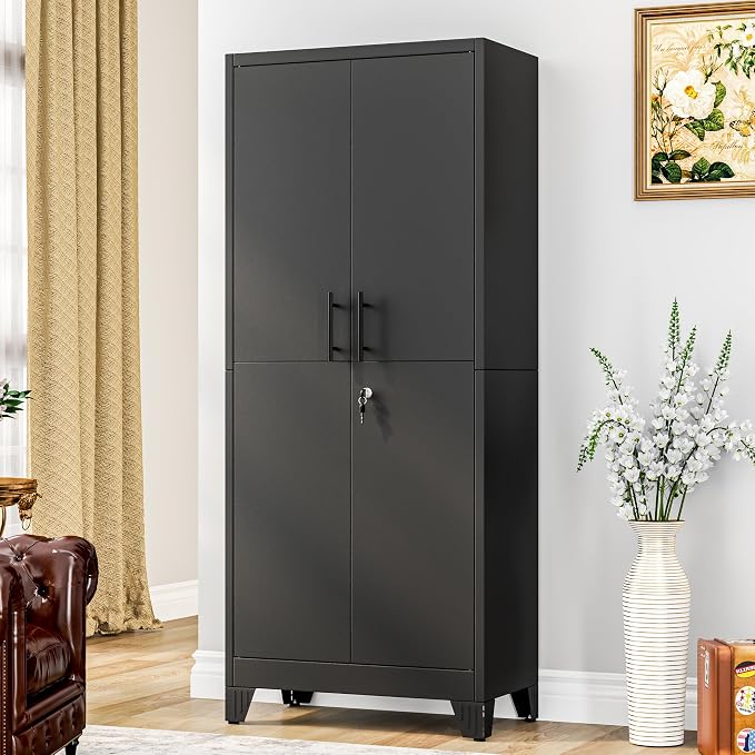 GAIOUS Tall Metal Storage Cabinet with Lock, 2 Doors Freestanding Steel Bookcase with Adjustable Shelves, Heavy Duty Lockable Office Filing Cabinet, Home Garage Utility Pantry Organizer Cabinet, Black