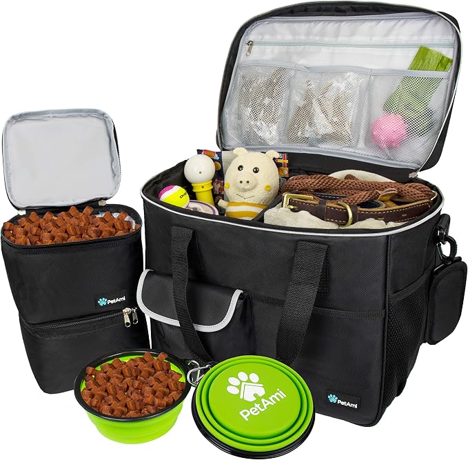 PetAmi Dog Travel Bag Organizer, Pet Supplies Tote Diaper Bag, Black Large | Pet Travel Kit with 2 Food Containers & 2 Collapsible Dog Bowls, Luggage Sleeve, Weekend Getaway Road Trip Camping Essentials