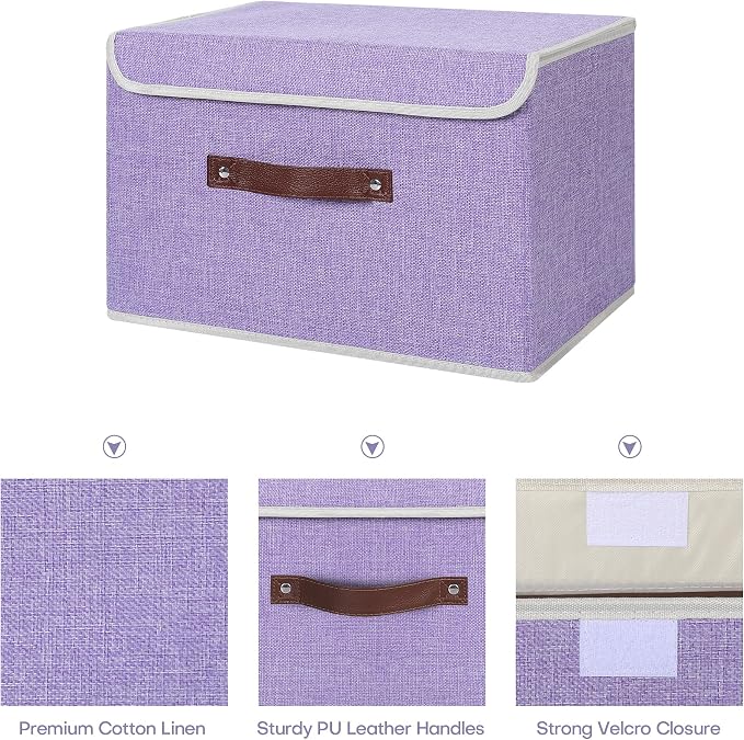 ANMINY Fabric Storage Box Bins with Lids, Purple, 13"x9"x7.9" | Keepsake Memory Storage, Cotton Linen, PP Board Reinforced, Washable, PU Handles, Foldable & Stackable, Decorative, Medium