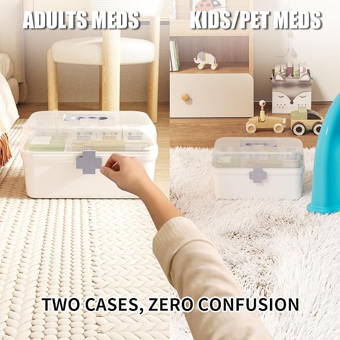2-Pack Medicine Storage Box Separate Adult Child Medication | See-Through Lid, Prevents Mix-Ups, Small & Large Medicine Cabinet Organizer, Portable First Aid Box with Handle & Tray