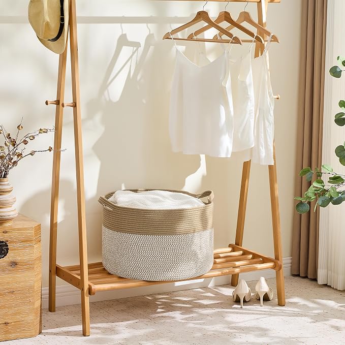 KAKAMAY Large Blanket Basket with Handles, Storage Basket for Living Room | Extra Large Capacity | Natural Cotton Rope | Blanket Storage | Woven Storage Basket | Stuffed Animal Storage | Laundry Basket