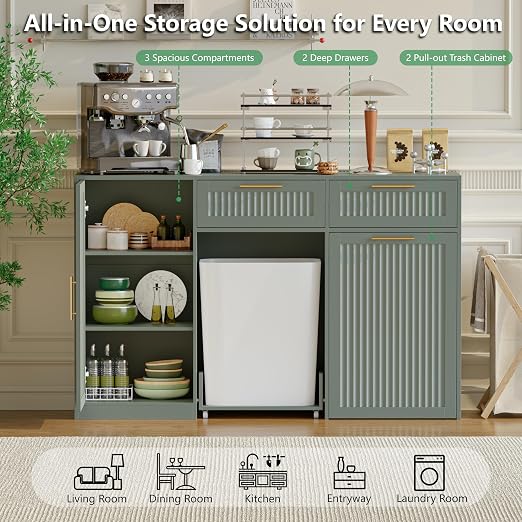 Double 13 Gallon Pull Out Trash Can Cabinet with Storage Cabinet,Green | Pet Proof Hidden Garbage Can Cabinet,3-Tier Shelves,Fluted Design,Extra Drawer Space,Kitchen & Dining Room Organization