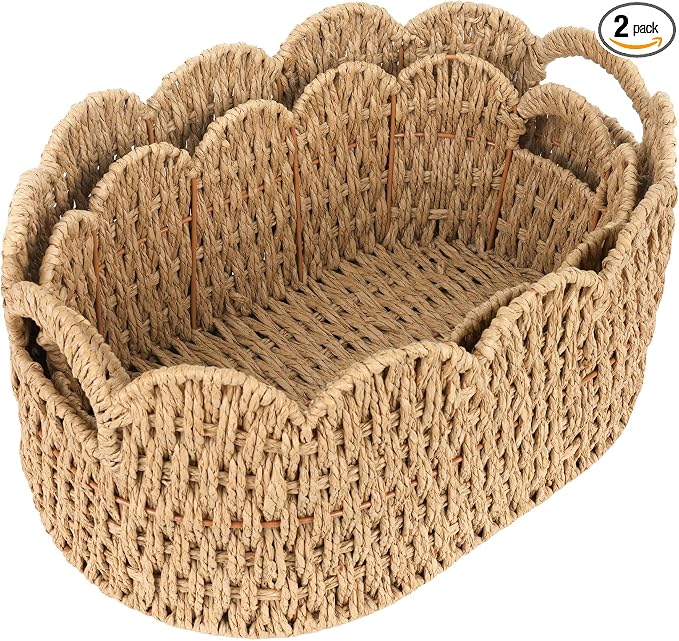 iEGrow Paper Rope Scalloped Basket, Set of 2 Woven Storage Wicker Baskets with Handle for Organizing and Shelves, Cute Boho Oval Baby Baskets for Decor, Towel, Toys, Nursery, Book, Gift Natural