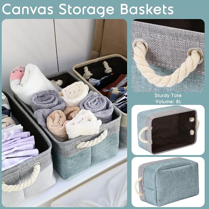 Sea Team Compact Rectangle Canvas Open-Top Storage Baskets, 3-Pack | Collapsible Fabric Storage Bins with Handles, Closet Shelf Organizers, 12 x 8 x 5 Inches, Stone Blue & Gray