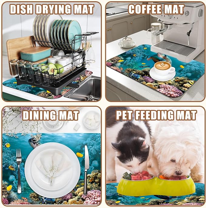 Sea Turtle Coffee Mat Absorbent Dish Drying Mat for Kitchen Counter Hide Stain Rubber Backed Coffee Bar Accessories Fit Under Espresso Machine Dish Rack, 15.7 x 23.6 Inch