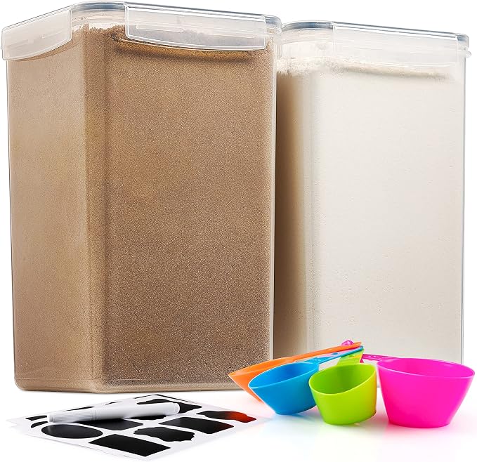2 Pack Extra Large Airtight Food Storage Containers - 6.5L / 220 Oz BPA Free Clear Plastic Kitchen and Pantry Organization for Flour, Sugar, Rice & Baking Supply - Labels, Marker & Spoon Set